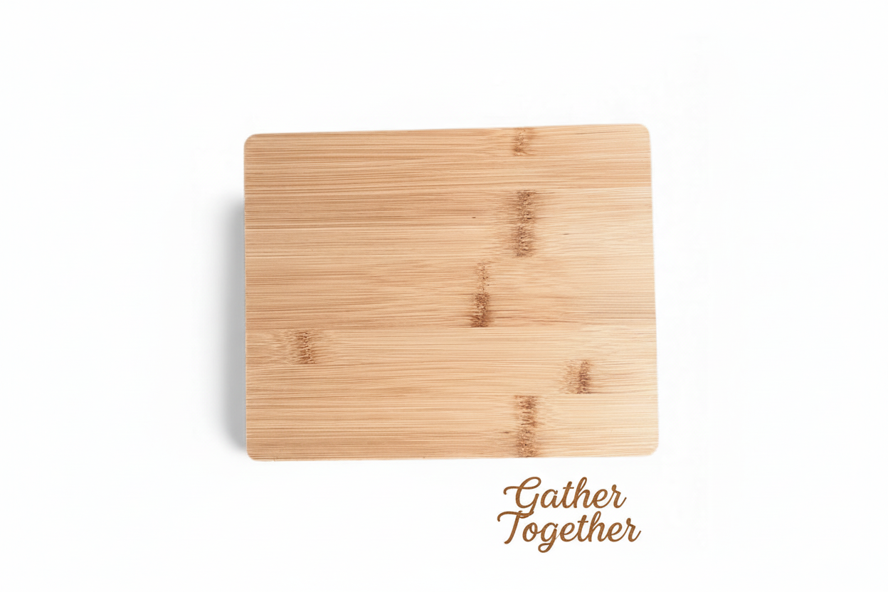Bamboo cutting board with inspirational quote engraved in corner