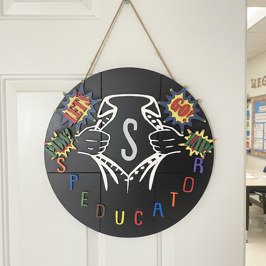 SPEDucator superhero sign hanging straight on classroom door