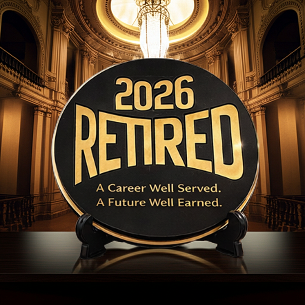 Decorative plaque with '2026 Retired' text in a grand hall setting