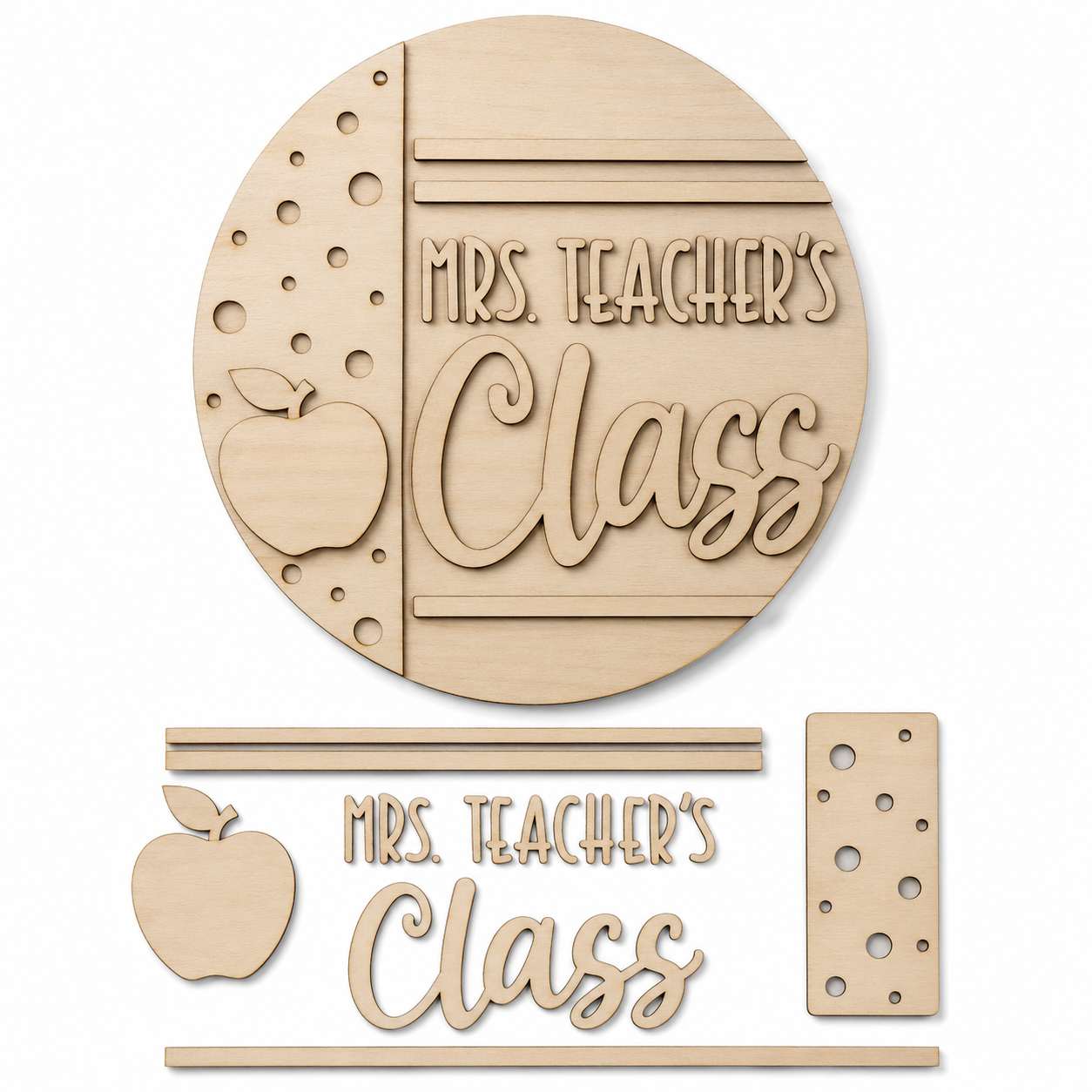 Mrs. Teacher's Class DIY wood sign kit pieces laid out unfinished