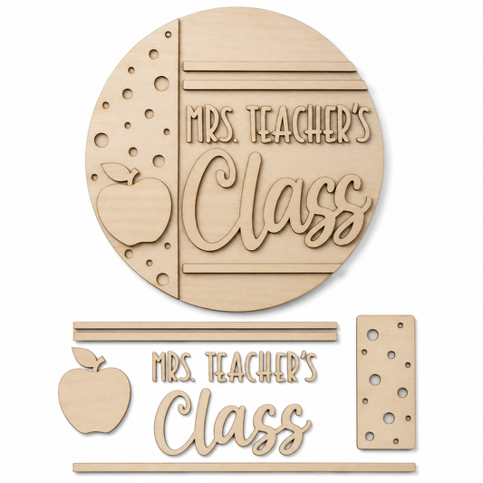 Mrs. Teacher's Class DIY wood sign kit pieces laid out unfinished