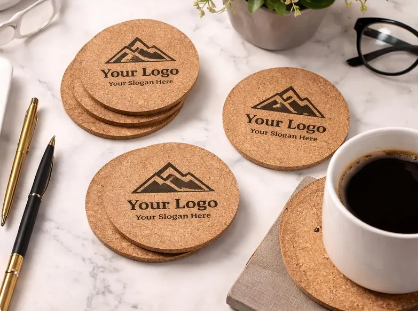 Cork coasters with a logo and text placeholder on a marble surface with a cup of coffee.