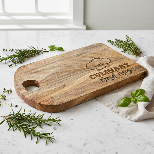 Culinary Bad Ass acacia wood cutting board on white marble countertop