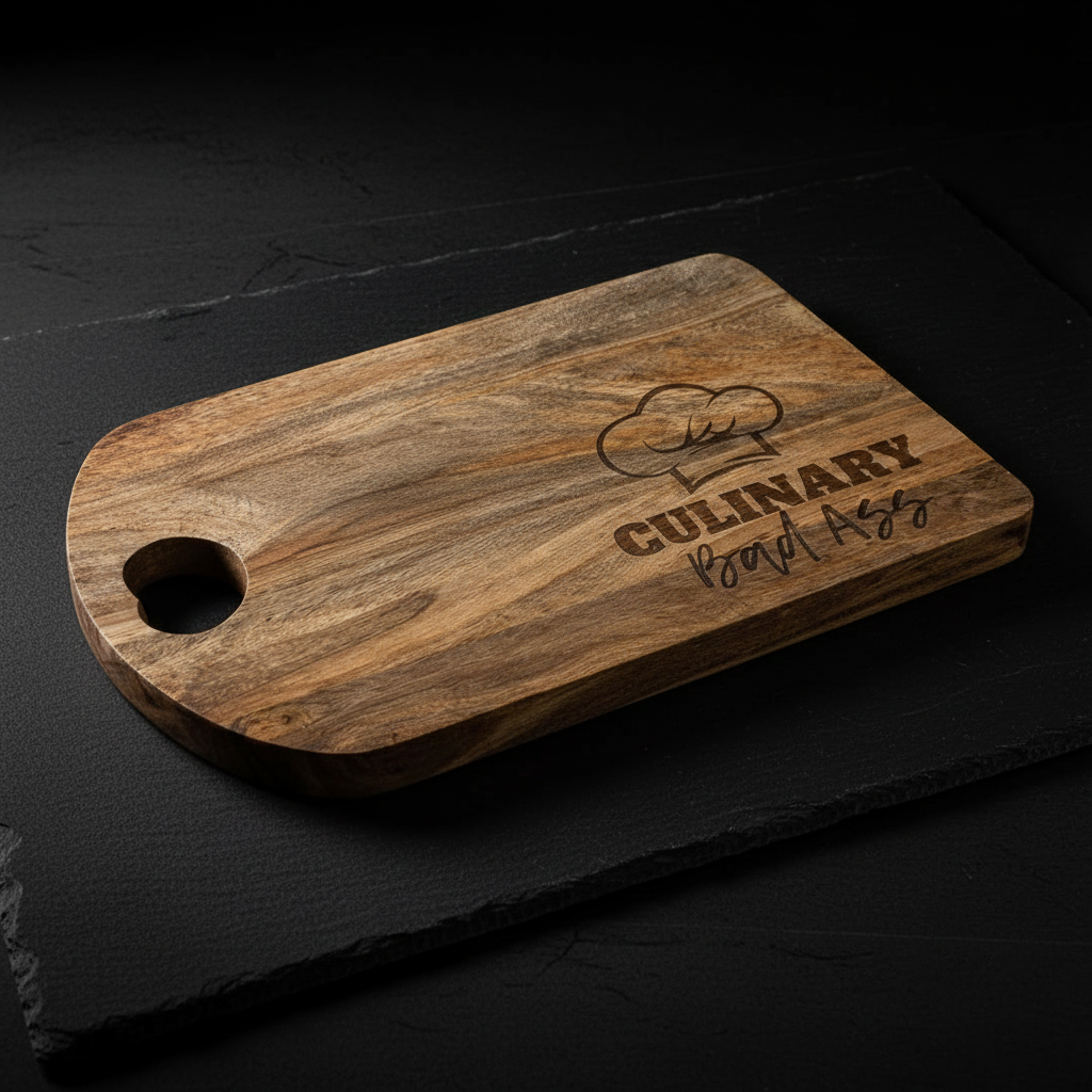 Culinary Bad Ass acacia wood cutting board on black slate with dramatic lighting