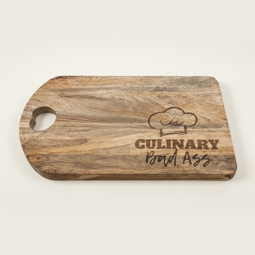 Culinary Bad Ass acacia wood cutting board on clean cream background