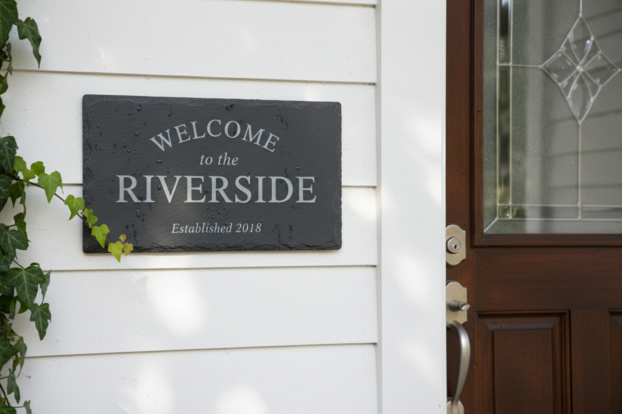 Personalized slate address sign reading Welcome to the Riverside mounted on white siding