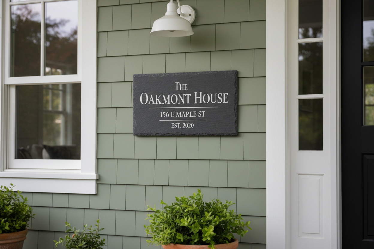 Custom slate address plaque The Oakmont House on sage green exterior
