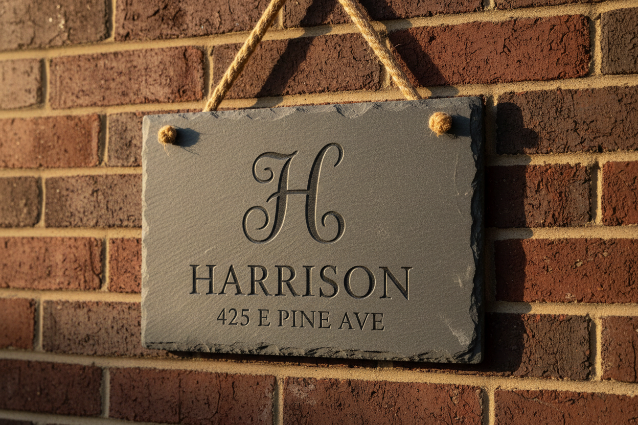 Slate sign with Harrison monogram hanging on brick wall with burlap rope