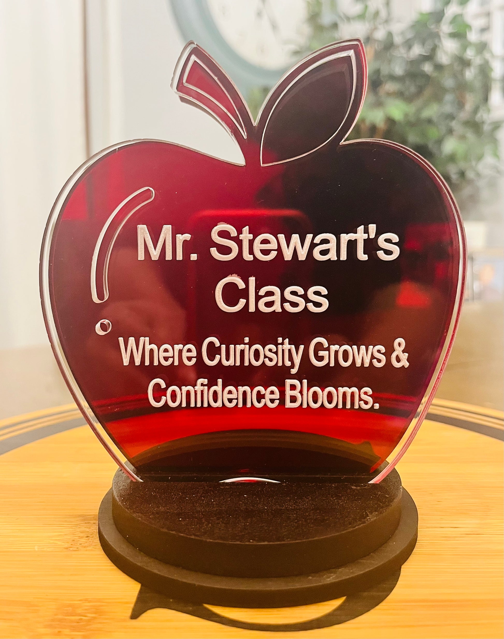 Double layer acrylic apple award with double base, front view
