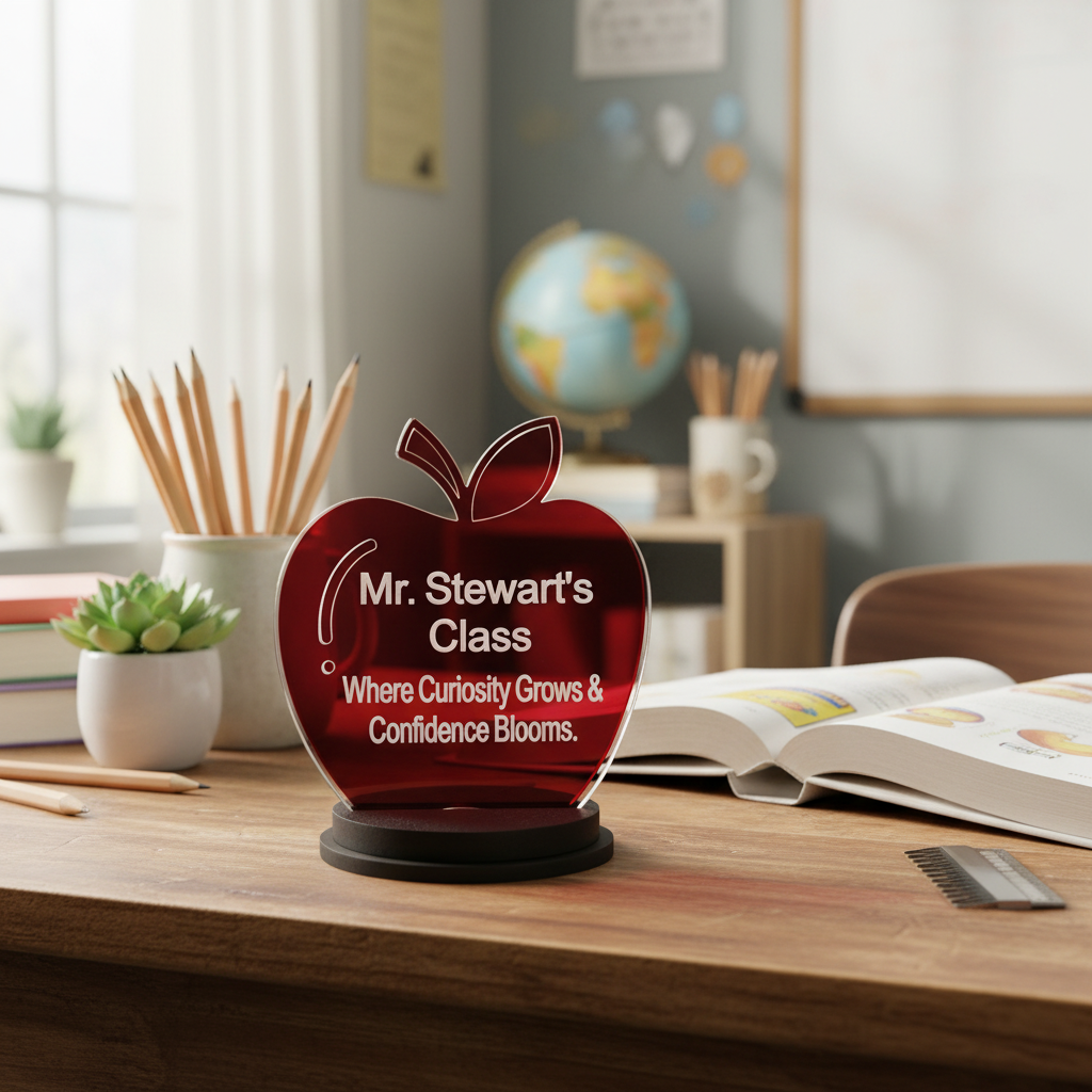 Double layer acrylic apple award with double base on teacher's desk