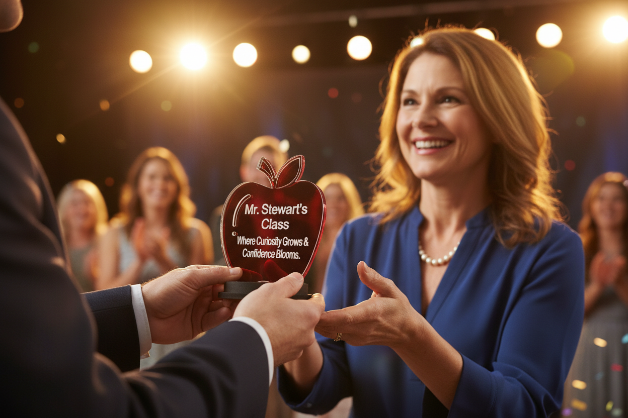 Double layer acrylic apple award with double base being given to a techer