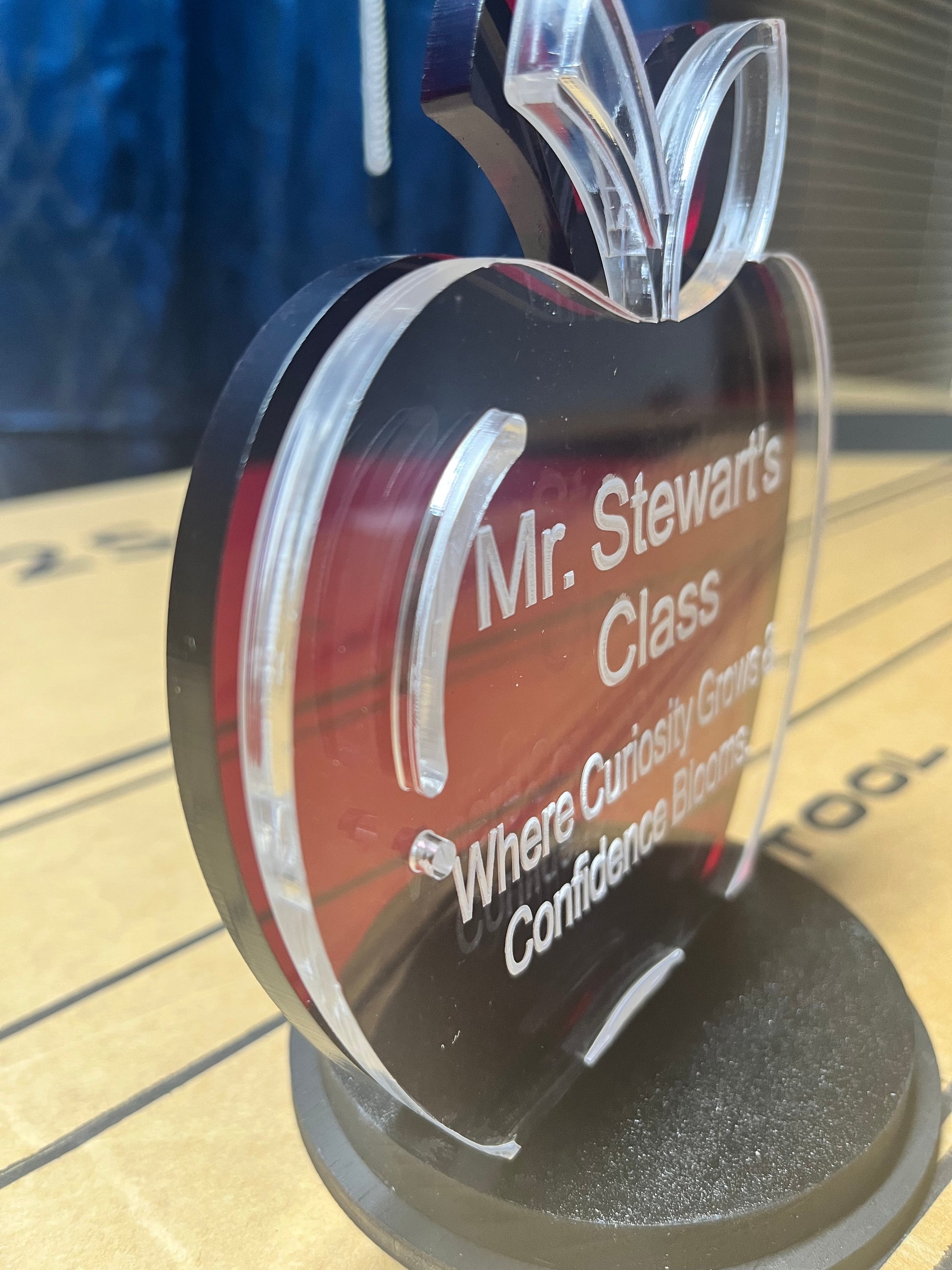 Double layer acrylic apple award with double base side view