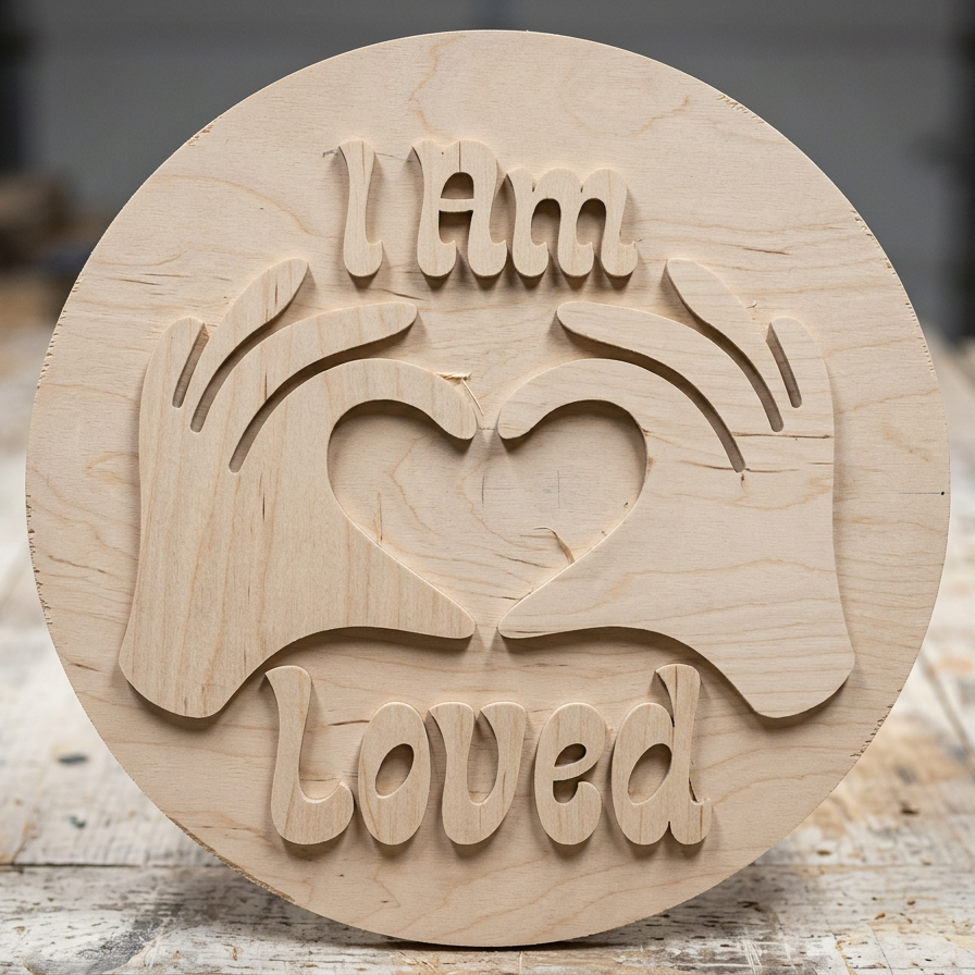A round, unfinished light wood plaque featuring a carved design of two hands forming a heart shape with the words 'I Am' on top and 'Loved' below, displayed on a rustic wooden workbench.