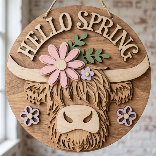 Hello Spring Highland Cow DIY Wood Sign Kit | Round Door Sign