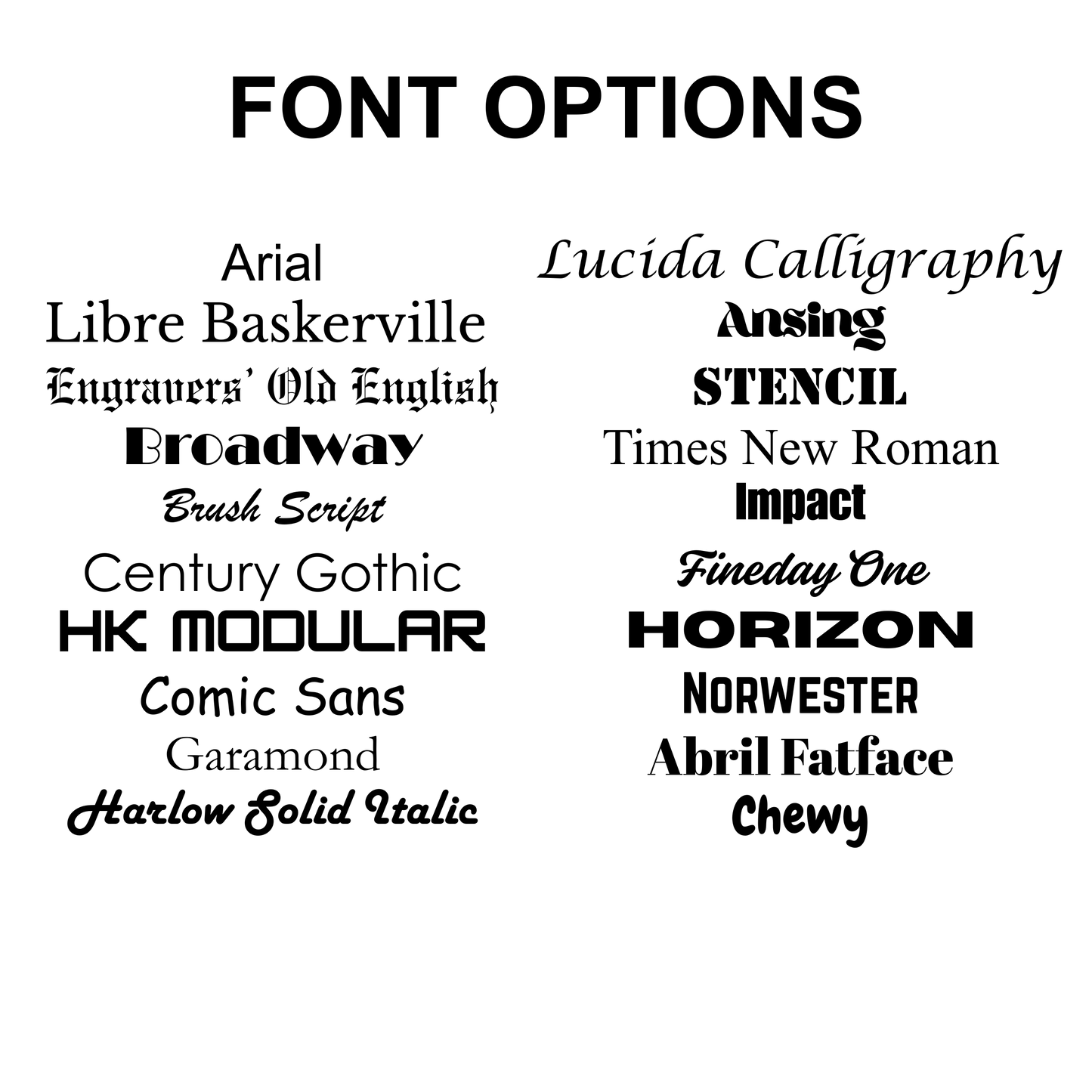List of various font styles on a white background