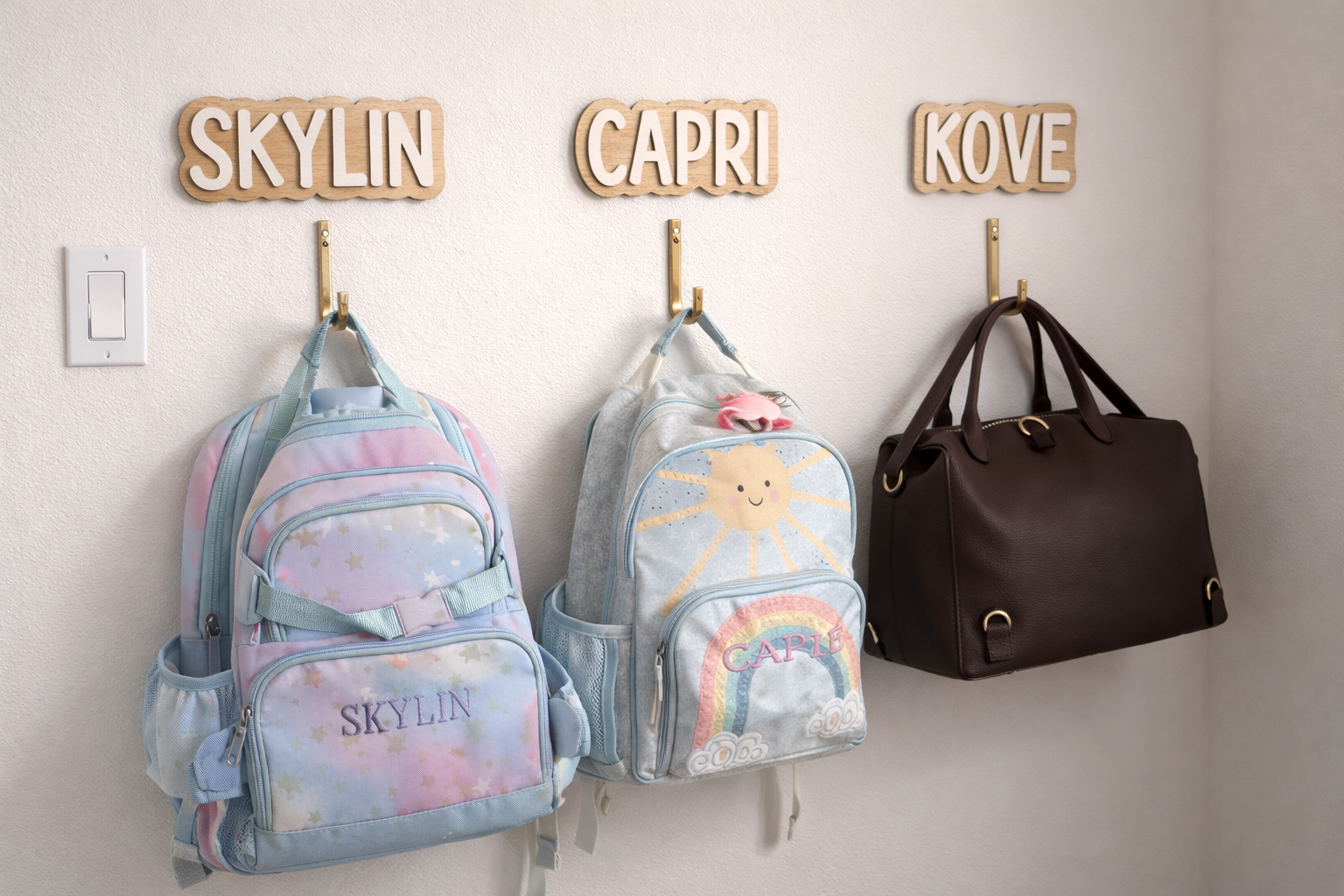Three bags hanging on hooks with names 'SKYLIN', 'CAPRI', and 'KOVE' above them.