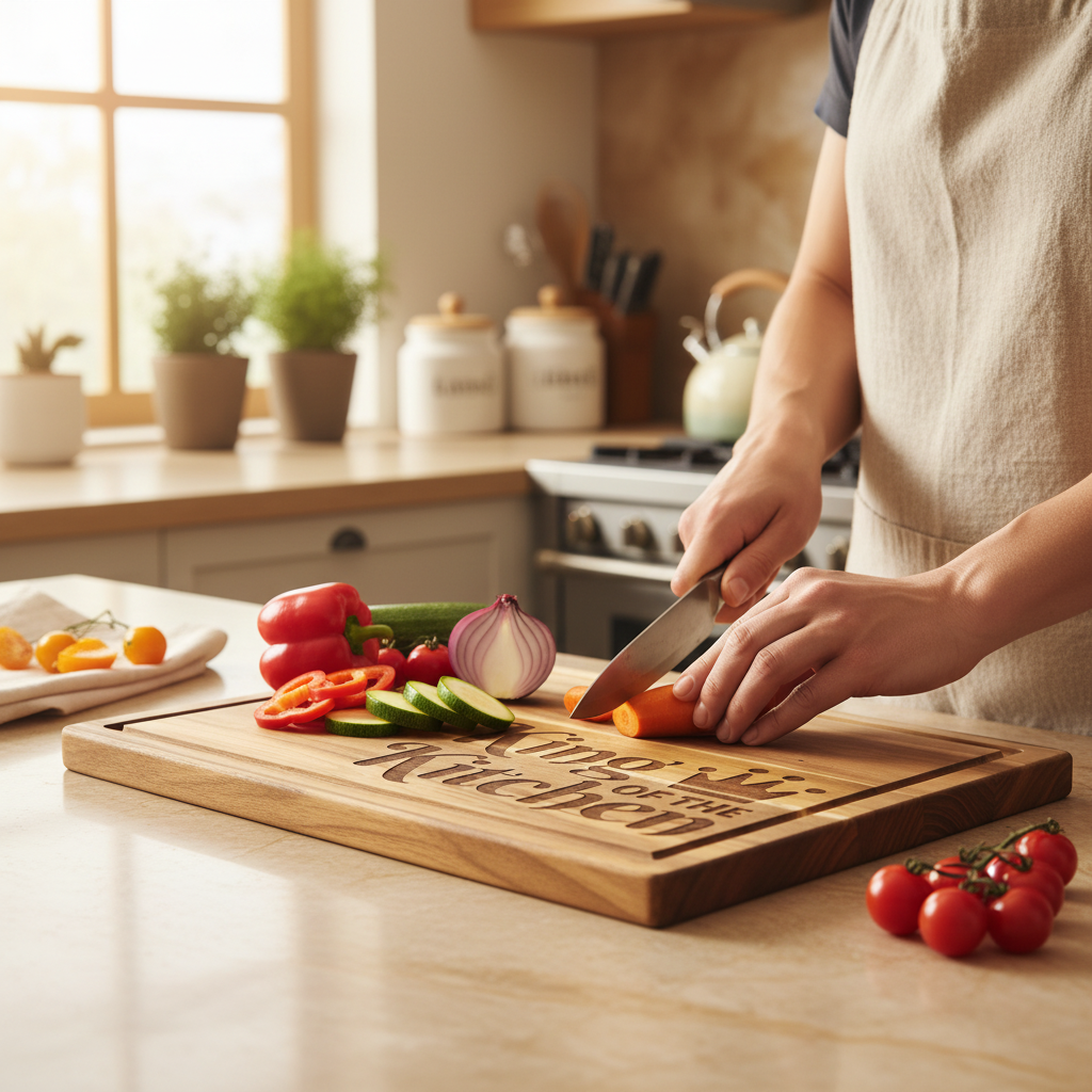 Lifestyle kitchen scene. King of the Kitchen engraved cutting board 