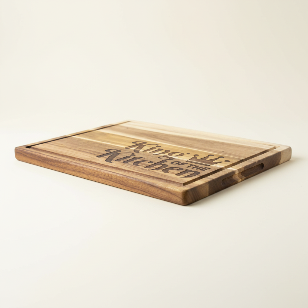King of the Kitchen engraved cutting board on a white marble background Side angle detail