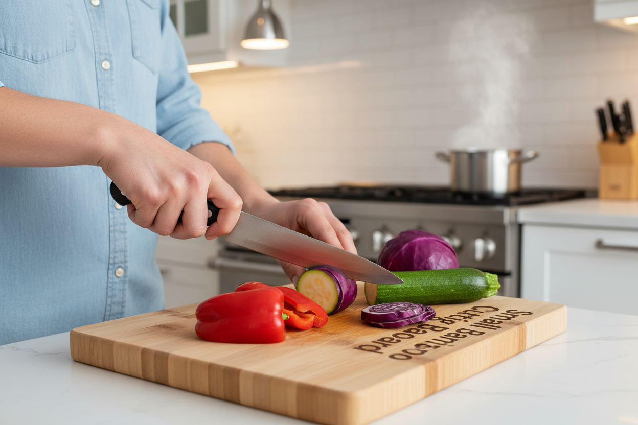 Person using personalized bamboo cutting board to chop vegetables in modern kitchen