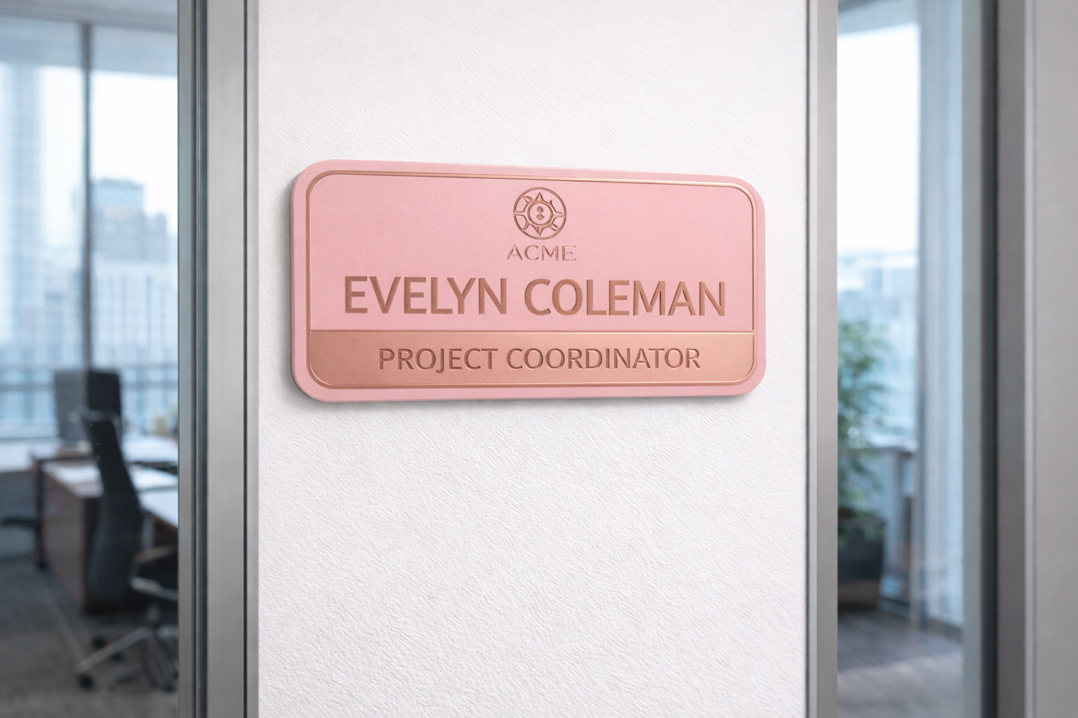 Pink nameplate on a glass door with 'Evelyn Coleman' and 'Project Coordinator' text.