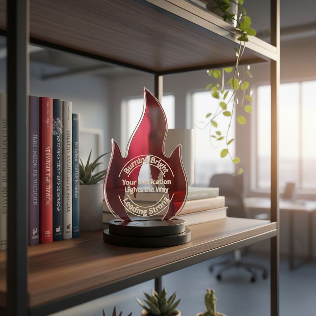 Flame award on a shelf. Personalized