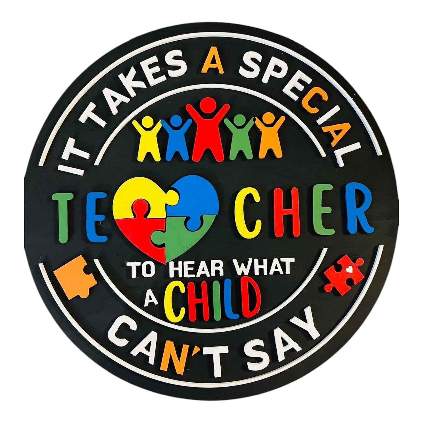 It Takes a Special Teacher DIY Wood Sign Kit finished in black with colorful puzzle pieces