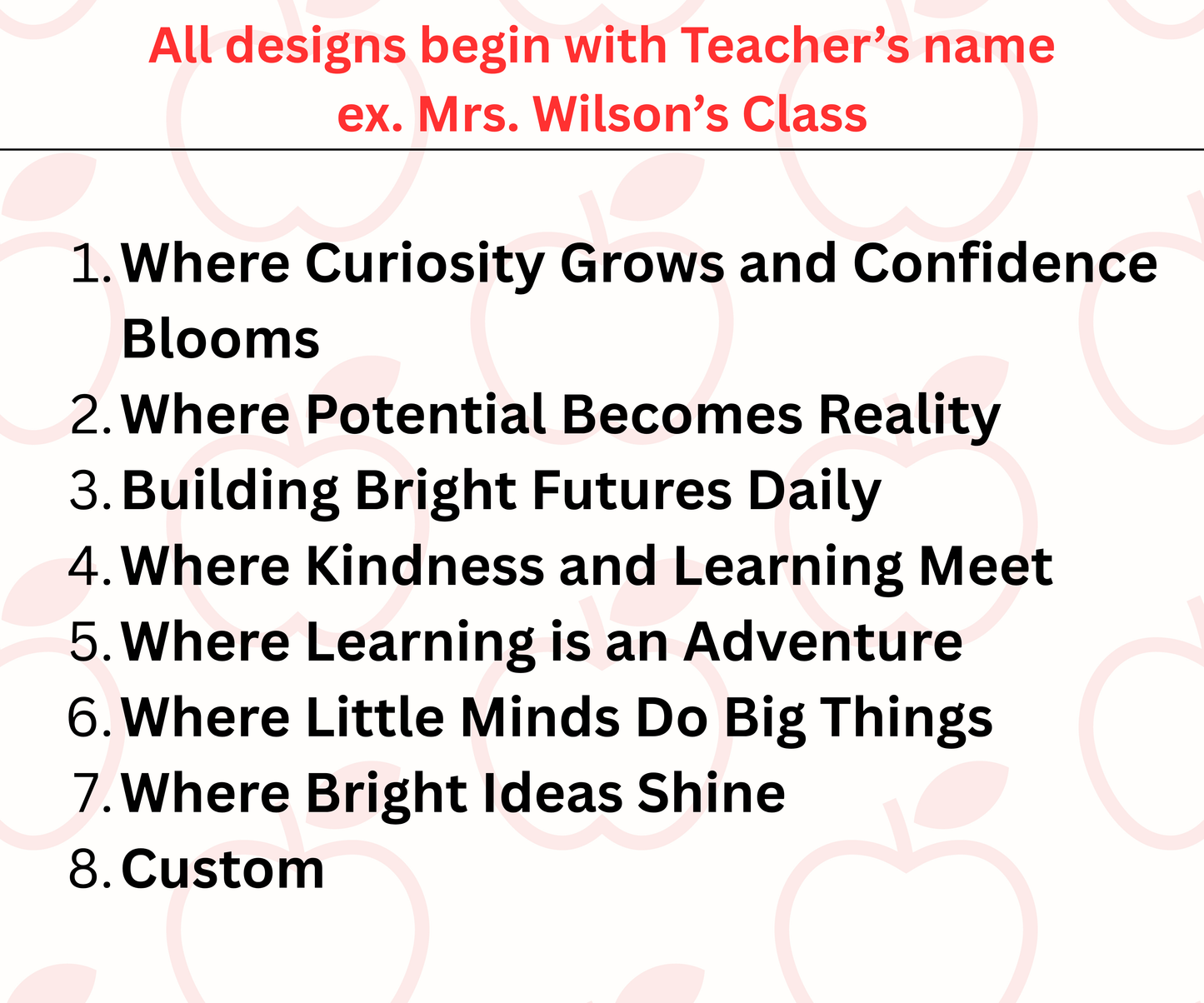 List of design options for a classroom with teacher's name at the top
