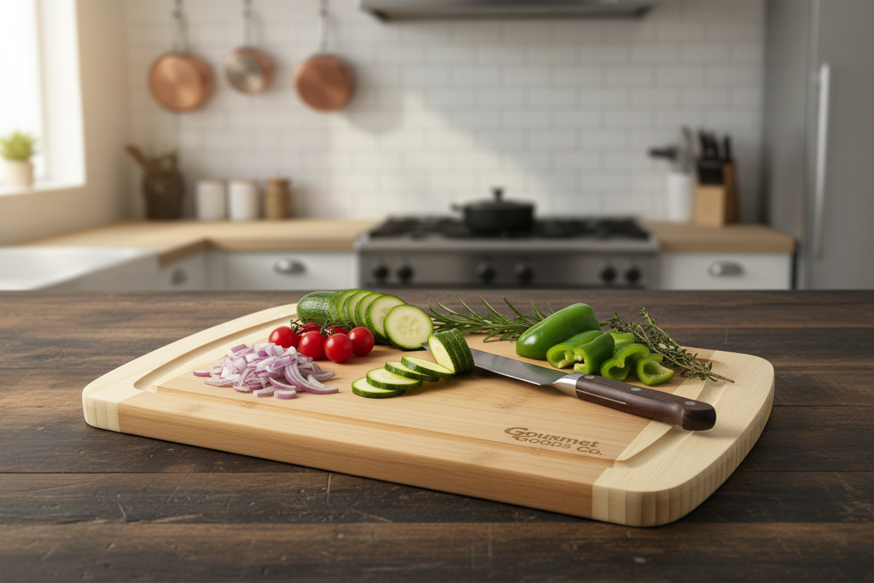 Lifestyle cutting board scene for Two toned wooden cutting board 3 piece set