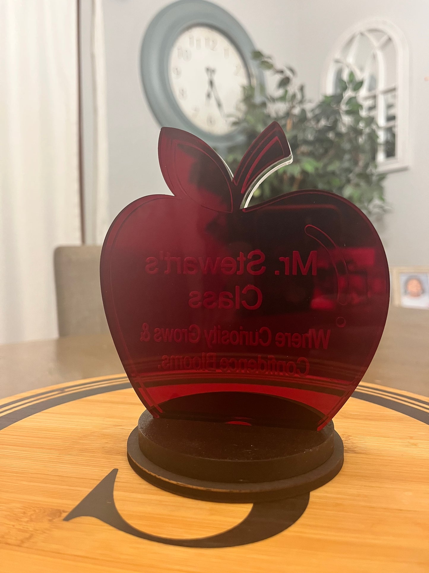 Double layer acrylic apple award with double base, back view