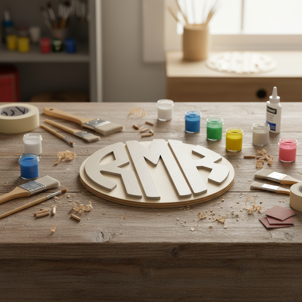 Block monogram with craft supplies