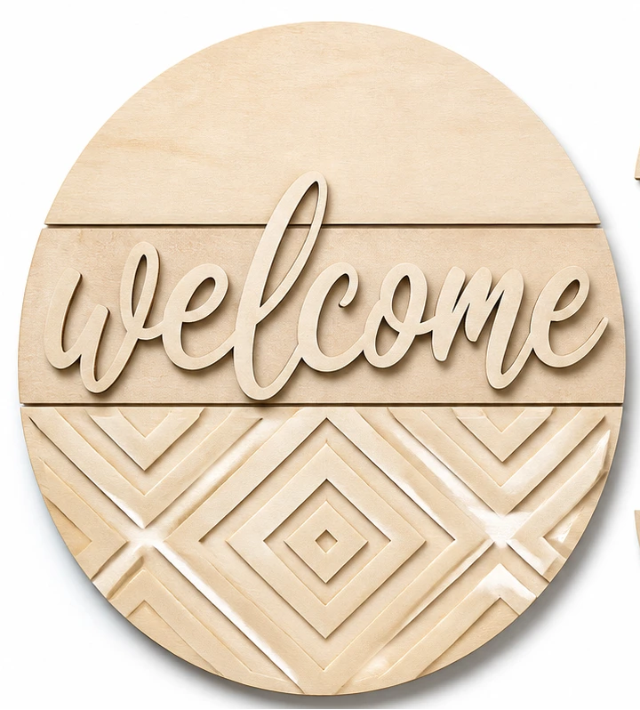 DIY wood door sign kit with multiple laser-cut wooden pieces in a light natural finish, including a large round panel, smaller geometric panels, script 'welcome' lettering, twine, dowels, and a printed kit information card on a white background.