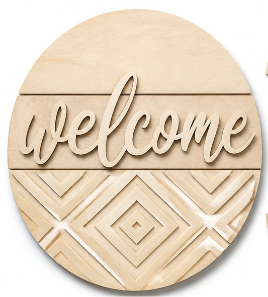 DIY wood door sign kit with multiple laser-cut wooden pieces in a light natural finish, including a large round panel, smaller geometric panels, script 'welcome' lettering, twine, dowels, and a printed kit information card on a white background.