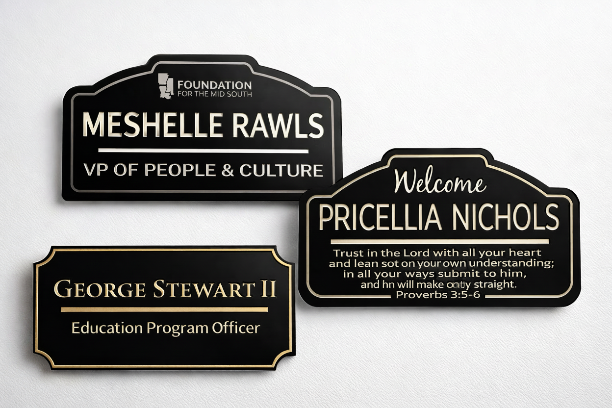 Three nameplates with personalized text on a white background