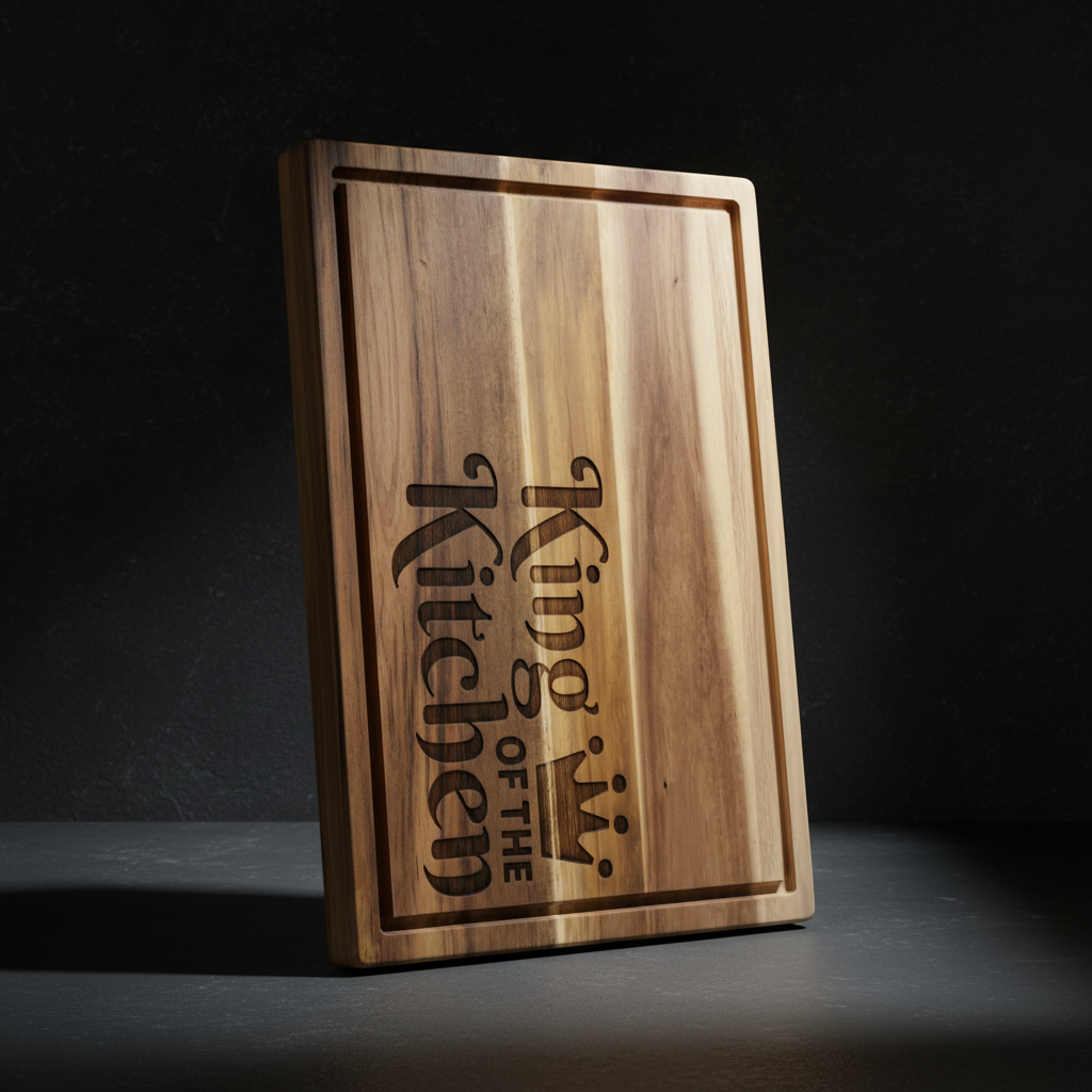 Dramatic dark background. King of the Kitchen engraved cutting board  