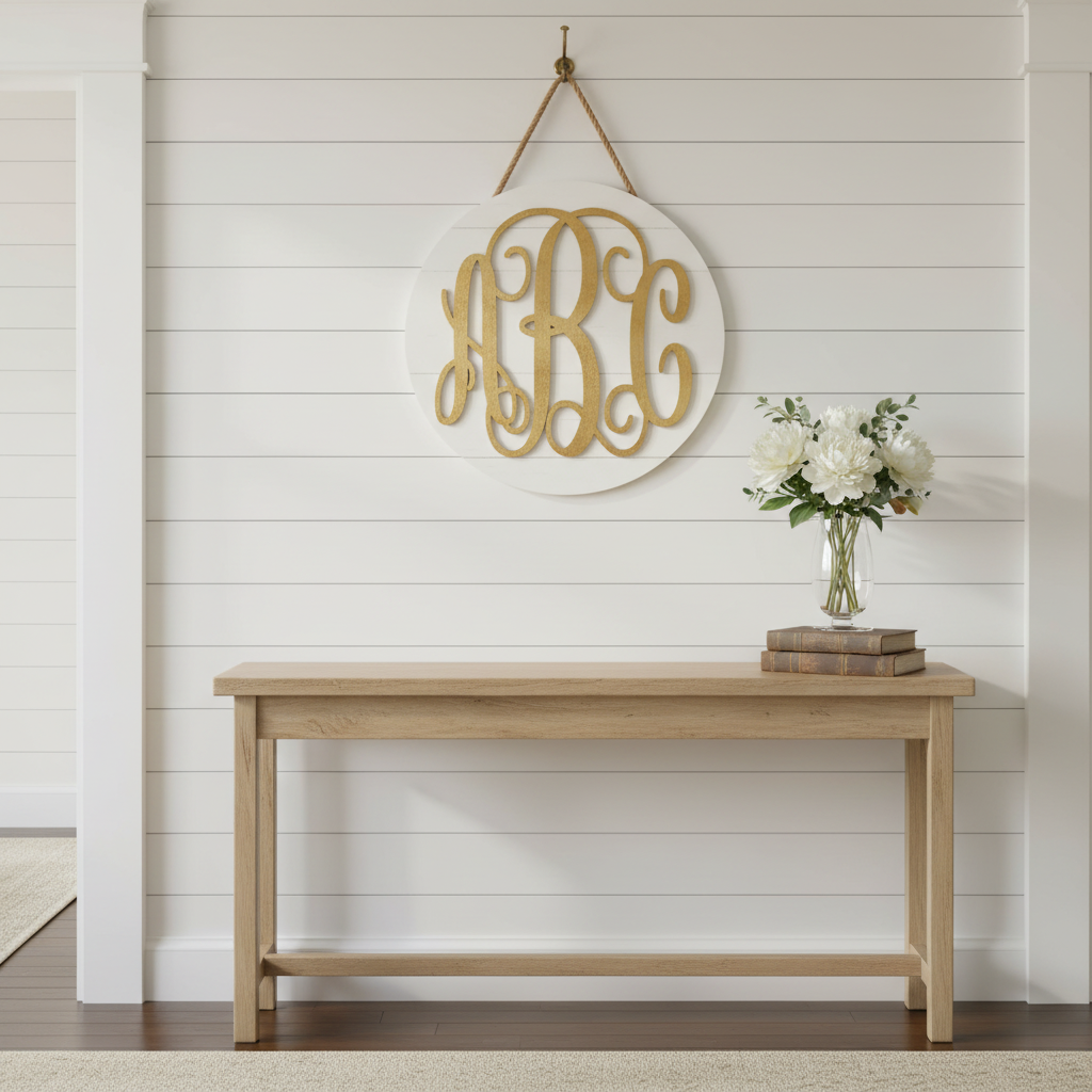 Finished vine monogram round sign on wall