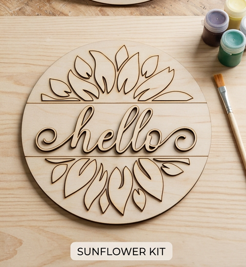 Hello Sunflower Wreath DIY Wood Sign Kit | Front Door Welcome Sign