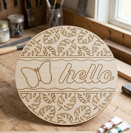 Hello Butterfly Monstera DIY Wood Sign Kit | Tropical Front Door Welcome Sign