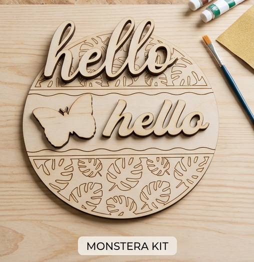 Hello Butterfly Monstera DIY Wood Sign Kit | Tropical Front Door Welcome Sign