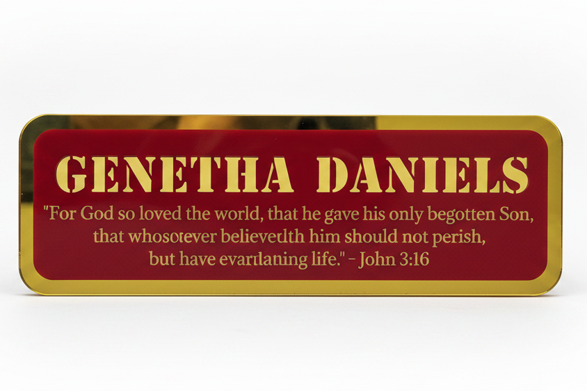Genetha Daniels gold and burgundy nameplate