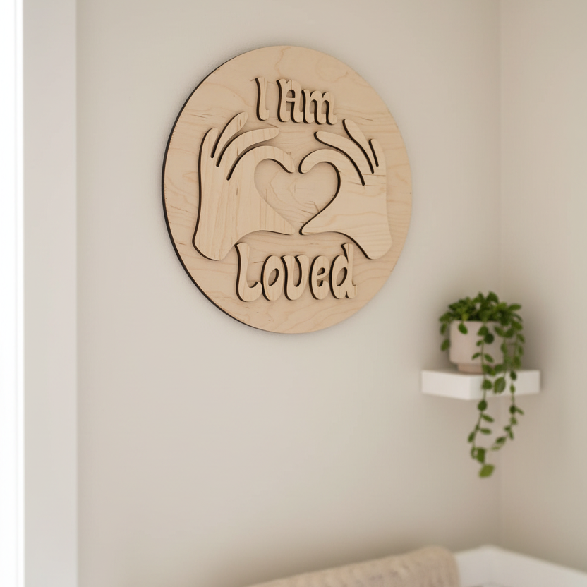 I Am Loved round wood sign hanging in nursery - lifestyle photo