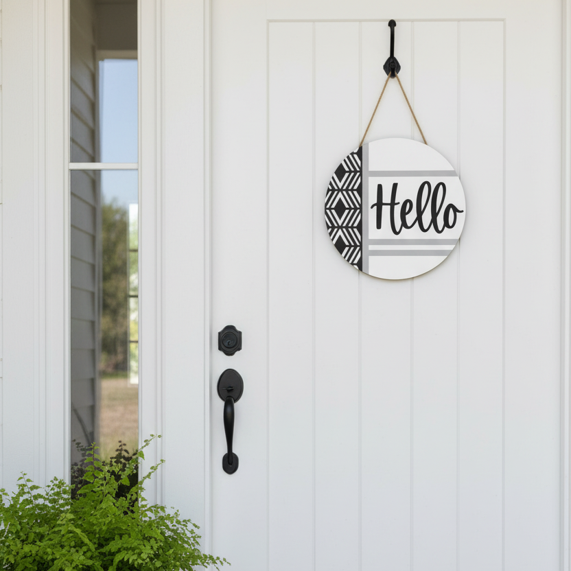 Hello geo round sign hanging on front door - lifestyle photo