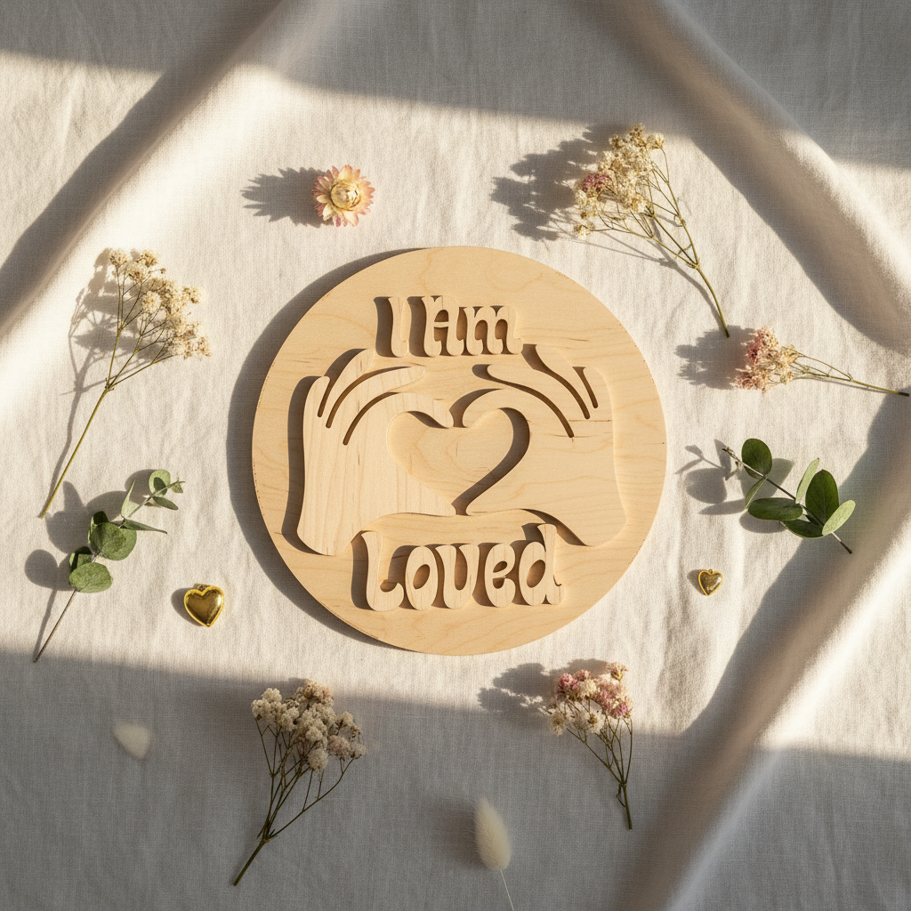 I Am Loved round wood sign flat lay with dried flowers - lifestyle photo
