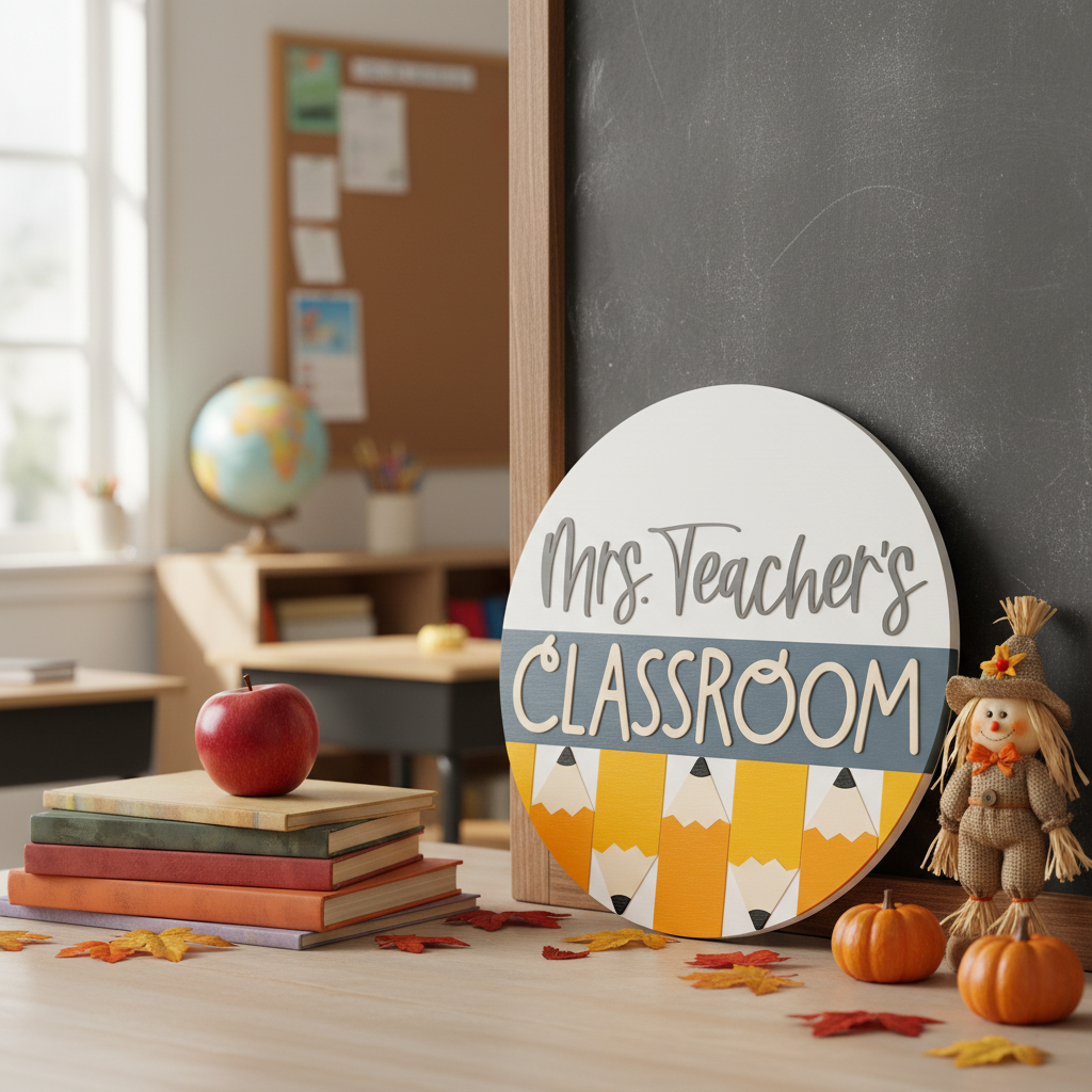 Mrs. Teacher's Classroom sign leaning against chalkboard
