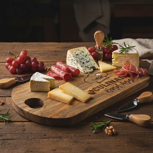 Culinary Bad Ass cutting board with charcuterie and cheese knife set on rustic wood table