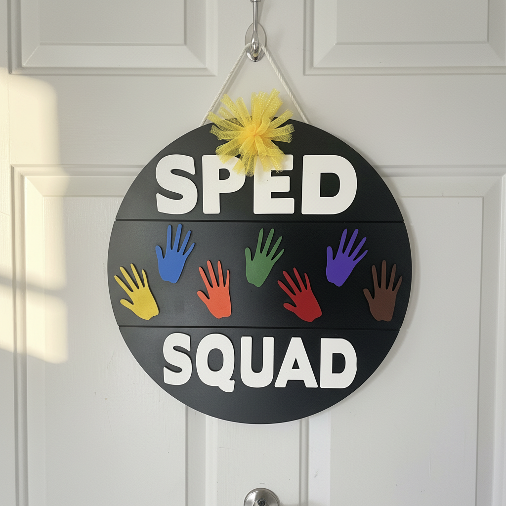 SPED Squad sign hanging on classroom door
