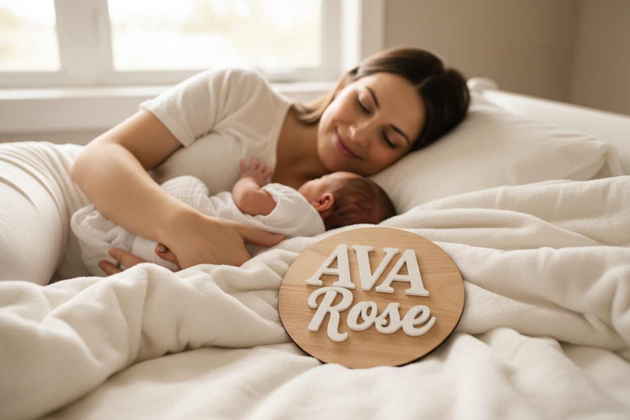 Name Sign on the bed next to Mom and Baby