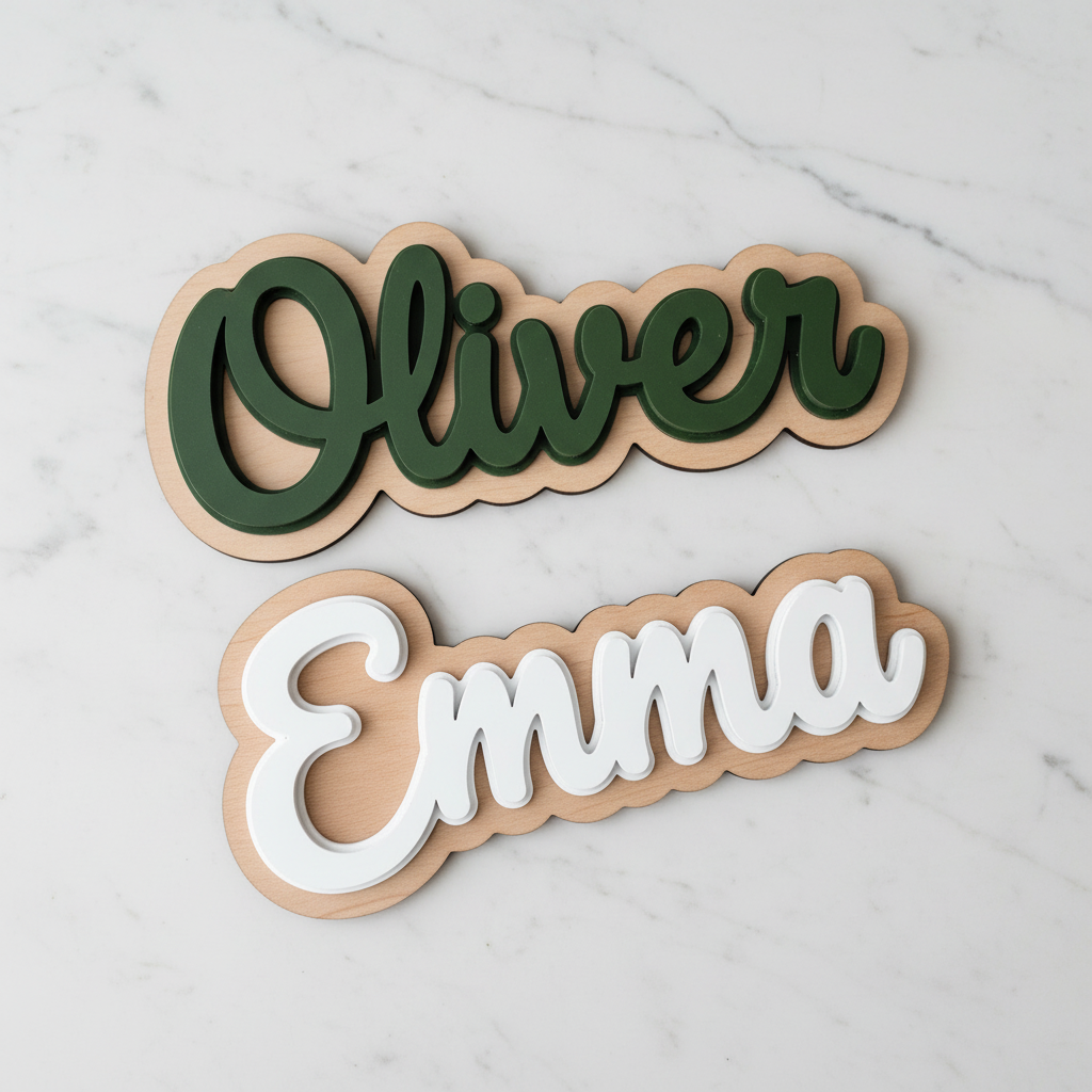Oliver and Emma name signs flat lay