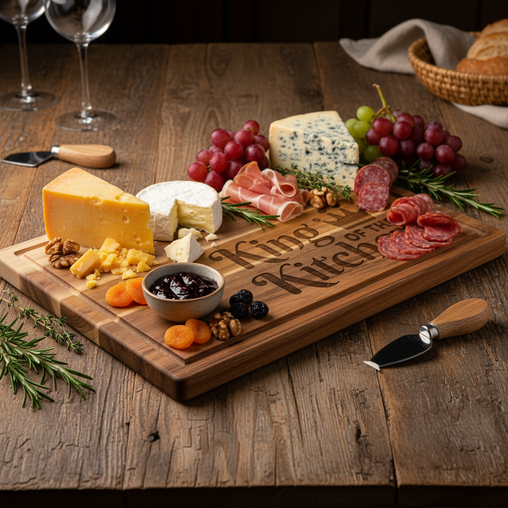 Rustic charcuterie styling. King of the Kitchen engraved cutting board on a white marble background