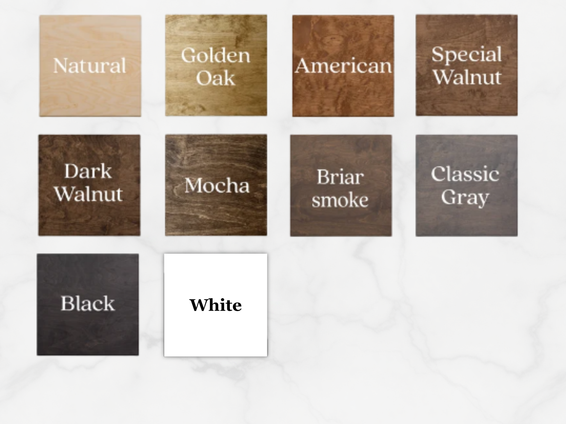 Wooden finish swatches labeled with various wood tones on a white background
