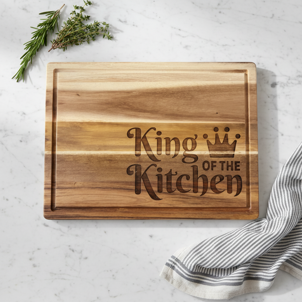 King of the Kitchen engraved cutting board on a white marble background